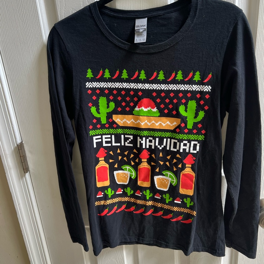 Gildan Black Ugly Christmas Long Sleeve Shirt Feliz Navidad Tequila S
